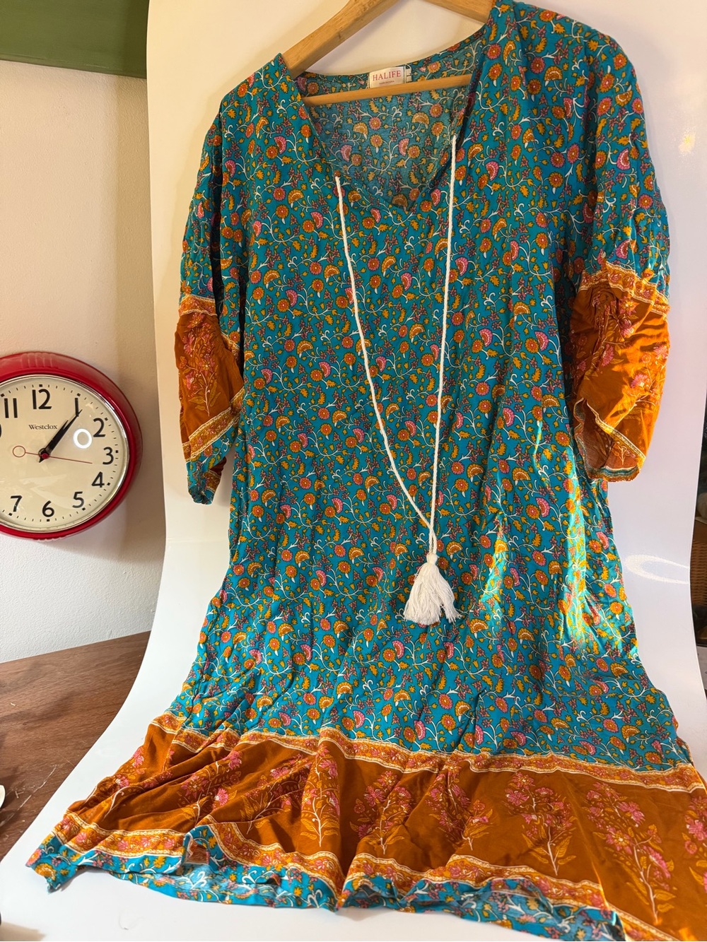 HAlife Teal Floral Boho midi Dress with Tassel Tie size large Preowned